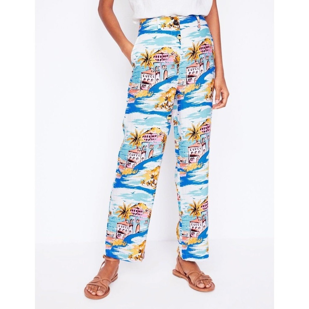 Boden Westbourne Crop Linen Trousers Women's 14L Blue Paradise Bay Mediterranean